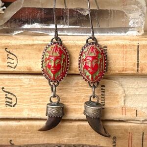 Artisan Tribal Oxidized Sterling Silver Coyote Claw Dangle Earrings